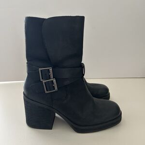 Korks Womens Sz 7 Meegan Black Mid Shaft Leather Moto Boots Block Platform Heel